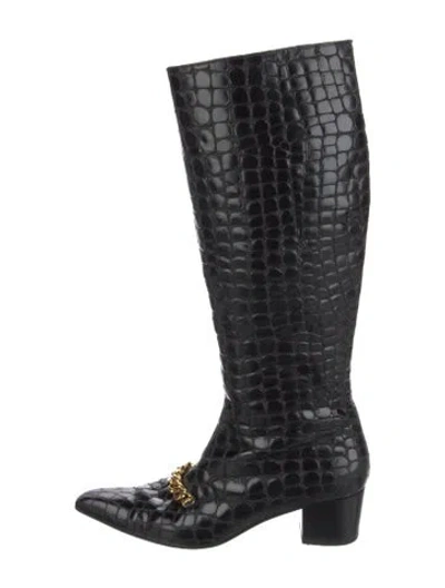 Pre-owned Tom Ford Leather Animal Print Riding Boots In Black