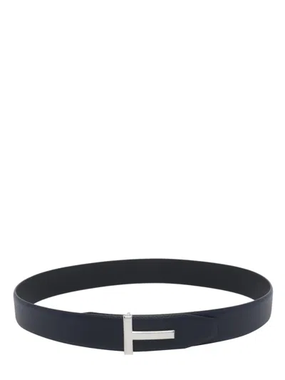 Tom Ford Leather Belt With Logo Buckle In Navy