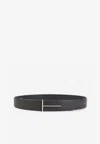 Tom Ford Dark Brown Reversible Textured Silver Buckle Belt In Brown