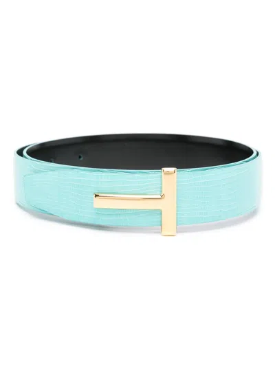 Tom Ford Leather Belt With T-plate In Blue