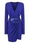 Tom Ford Plunging Leather-trim Microcosta Jersey Wrap Mini Dress In Blue