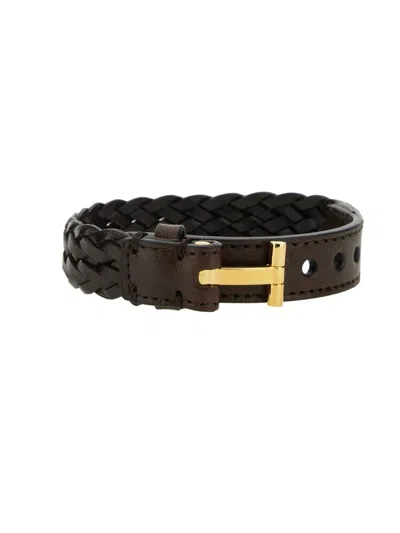 Tom Ford Braided Leather Bracelet In Brown
