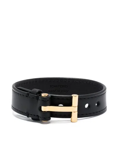 Tom Ford Black Leather T-lock Wrap Bracelet In Blg Blkgld