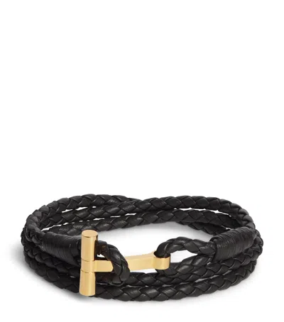 Tom Ford Leather Braided T Bracelet In Brown