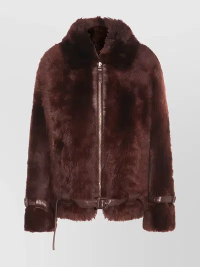 TOM FORD LEATHER BUCKLE DETAIL JACKET WITH FAUX FUR