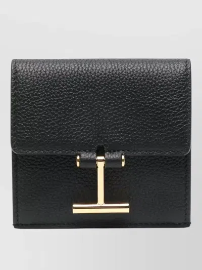 Tom Ford Leather Card Holder Gold Tone Hardware In Black