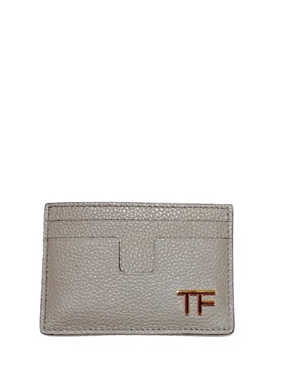 Tom Ford Leather Card Holder With Logo Plaque In Grey