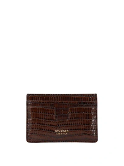 Tom Ford Leather Card Holder With Reptile Print In Black