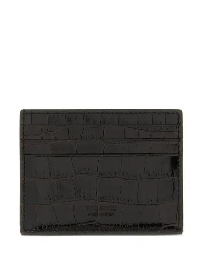 Tom Ford Compact Crocodile-embossed Calf Leather Wallet In Black