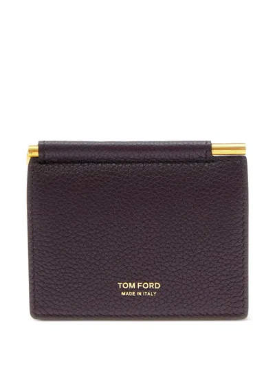 Tom Ford Bordeaux Bi-fold Wallet With Embossed Logo Lettering On The Front In Grained Leather Man In Purple