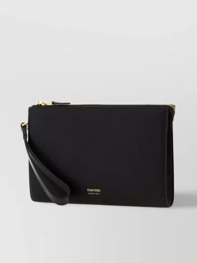 Tom Ford Leather Clutch With Gold-tone Hardware And Wrist Strap In Black