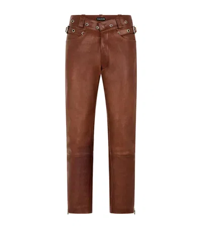 Tom Ford Leather Embellished Trousers In Brown