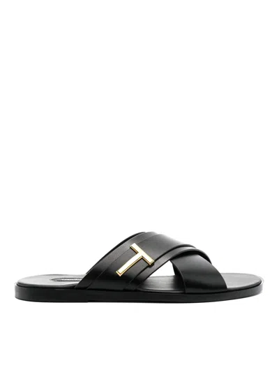 Tom Ford Leather Flat Sandals In Black