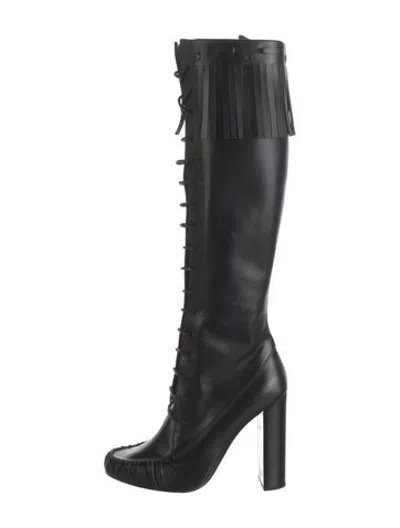 Pre-owned Tom Ford Leather Fringe Trim Accent Boots In Black