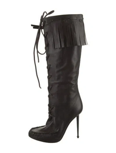 Pre-owned Tom Ford Leather Fringe Trim Accent Lace-up Boots In Brown