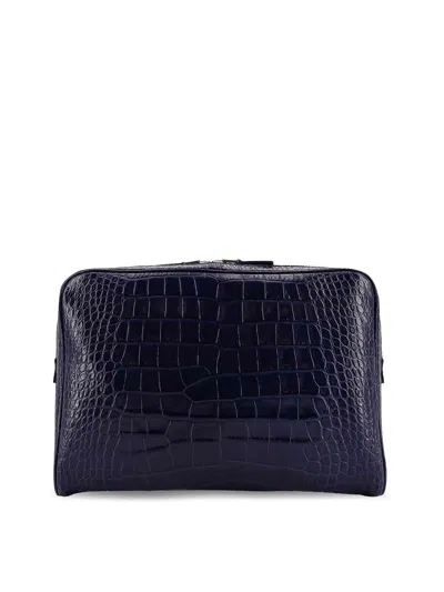 Tom Ford Leather Laptop Pouch With Croco Print In Blue