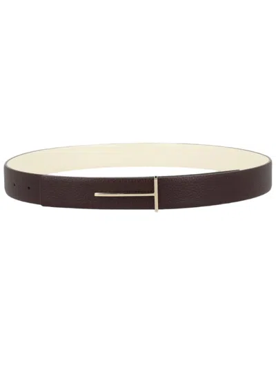 Tom Ford Leather Minimalist Metallic T Buckle Belt In Brown