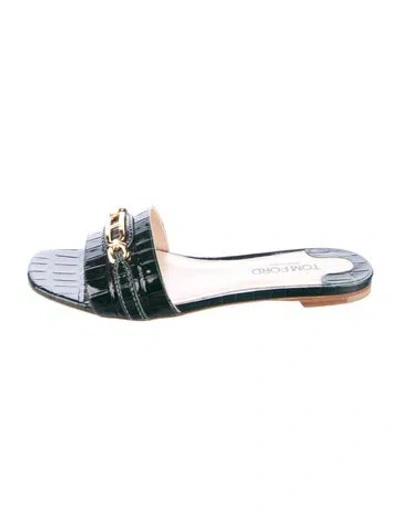 Pre-owned Tom Ford Leather Printed Slides In Blue