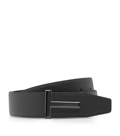 Tom Ford Leather Reversible T Icon Belt In Black