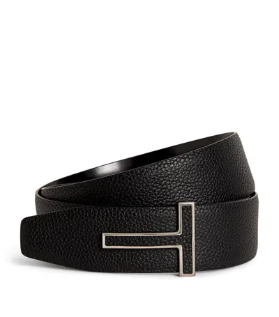 Tom Ford Leather Reversible T Icon Belt In Black