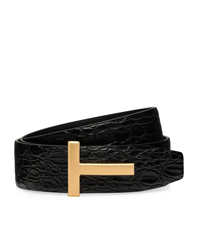 Tom Ford Leather Reversible T Icon Belt In Black