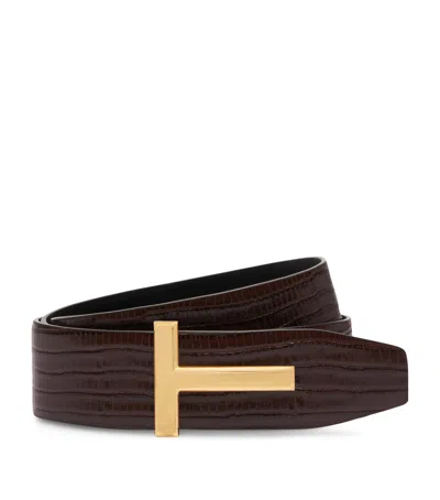 Tom Ford Leather Reversible T Icon Belt In Brown