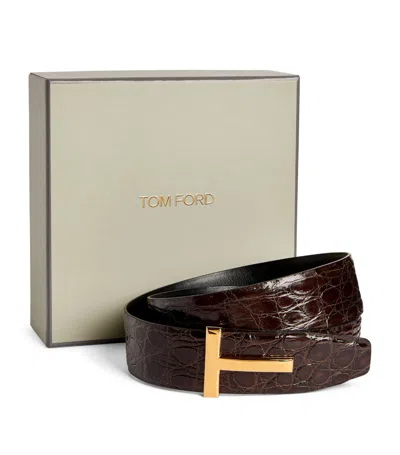 Tom Ford Leather Reversible T Icon Belt In Brown