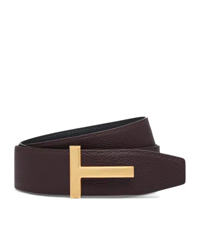 Tom Ford Leather Reversible T Icon Belt In Burgundy