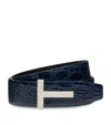 Tom Ford Leather Reversible T Icon Belt In Navy