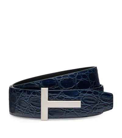 Tom Ford Leather Reversible T Icon Belt In Navy