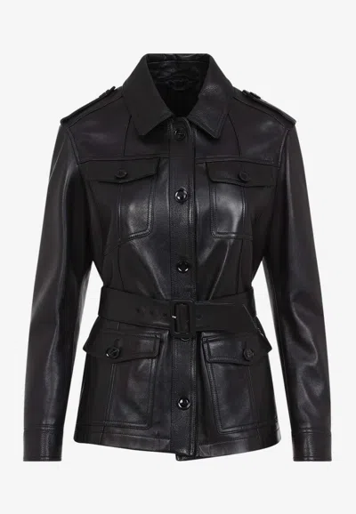 Tom Ford Belted Button Down Leather Jacket In Black