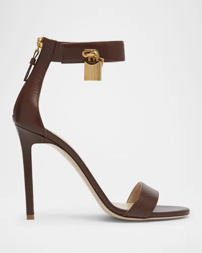 Tom Ford Leather Stiletto Sandals With Padlock In Burnt Brown