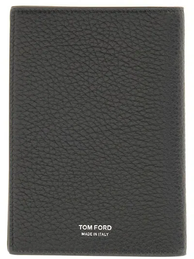 Tom Ford Leather "t" Card Holder In Gray