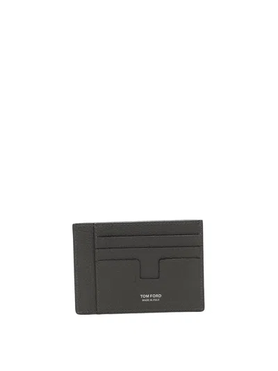 Tom Ford Leather T Line Oversize Card Holder In Grey