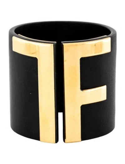 Pre-owned Tom Ford Leather Tf Cuff Bracelet, 7" In Black