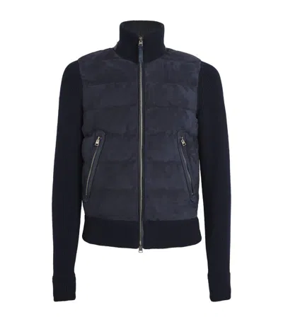 Tom Ford Leather-trimmed Cotton Zip-up Jacket In Blue