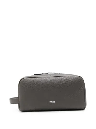 Tom Ford Leather Wash Bag In Gray