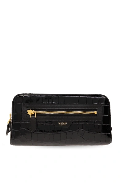 Tom Ford Leather Wash Bag With Logo In Black