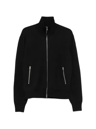 Tom Ford Black Zip-up Sweater With Ribbed Collar And Leather Patches