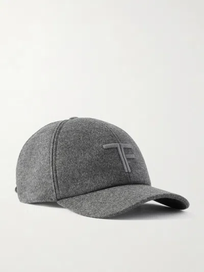 Tom Ford Leather-trimmed Logo-embroidered Cashmere Baseball Cap In Gray