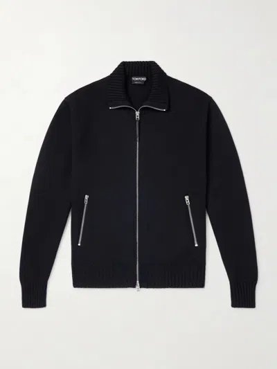 Tom Ford Leather-trimmed Merino Wool Cardigan In Black