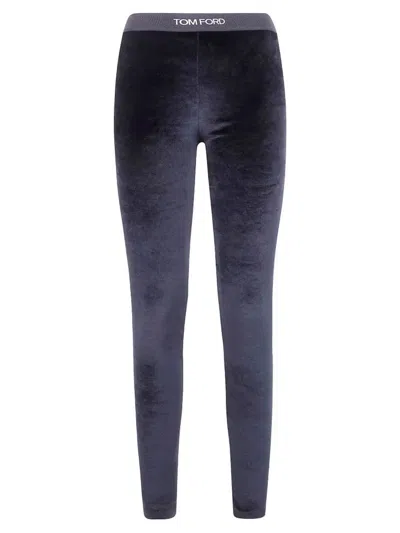 Tom Ford Shiny Stretch Velvet Leggings With Logo Elastic Band In Purple