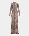 Tom Ford Leopard Lace Mock-neck Evening Dress In Brown