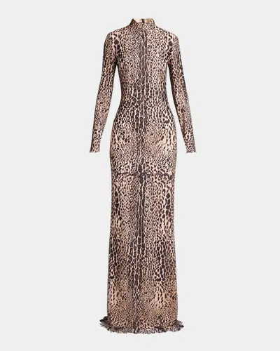 Tom Ford Leopard Lace Mock-neck Evening Dress In Brown