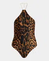 Tom Ford Leopard-print Chain Halter One-piece Swimsuit In Black