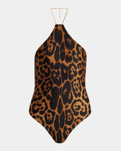 Tom Ford Leopard-print Chain Halter One-piece Swimsuit In Black