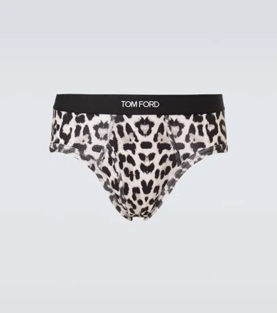 Tom Ford Leopard-print Cotton-blend Briefs In Black