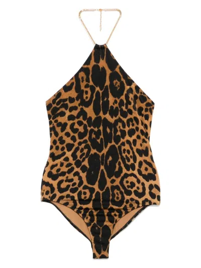 Tom Ford Leopard-print Chain Halter One-piece Swimsuit In Black