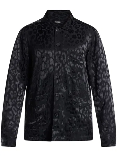 Tom Ford Leopard-print Jacquard Shirt In 黑色