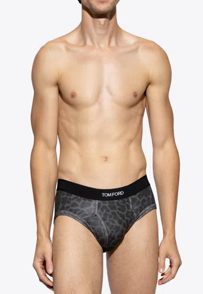 Tom Ford Leopard Print Logo Briefs In Gray